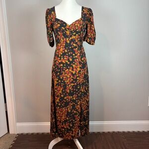Nobodys Child Rosie Floral Midi Dress Elbow Sleeve Orange‎ Black Womens 6 *Flaw*